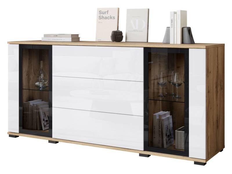 MIRJAN24 Kommode Caro SB 150 2D3S (mit zwei Drehtüren drei Schubladen), Fronten und Einlegeböden aus gehärtetem Glas von MIRJAN24