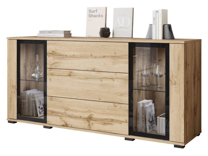 MIRJAN24 Kommode Caro SB 150 2D3S (mit zwei Drehtüren drei Schubladen), Fronten und Einlegeböden aus gehärtetem Glas von MIRJAN24