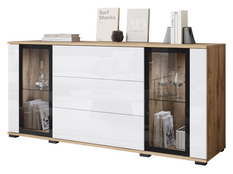 MIRJAN24 Kommode Caro SB 150 2D3S (mit zwei Drehtüren drei Schubladen), Fronten und Einlegeböden aus gehärtetem Glas von MIRJAN24