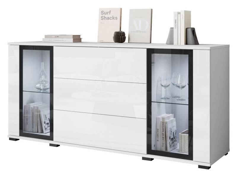 MIRJAN24 Kommode Caro SB 150 2D3S (mit zwei Drehtüren drei Schubladen), Fronten und Einlegeböden aus gehärtetem Glas von MIRJAN24