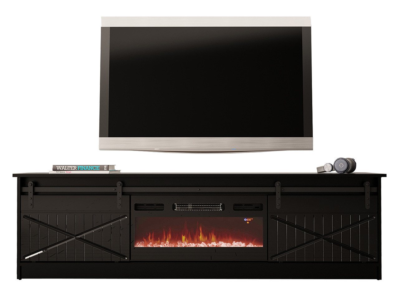 MIRJAN24 TV-Schrank Granero 200 mit Elektrischem Kamin (mit zwei Schiebetüren) 200x35x57 cm, Realistische LED-Flamme von MIRJAN24