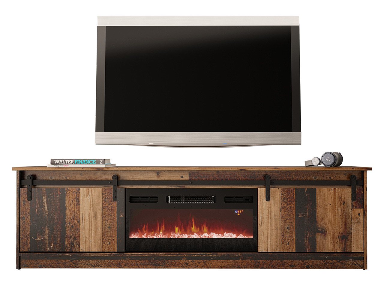MIRJAN24 TV-Schrank Granero 200 mit Elektrischem Kamin (mit zwei Schiebetüren) 200x35x57 cm, Realistische LED-Flamme von MIRJAN24