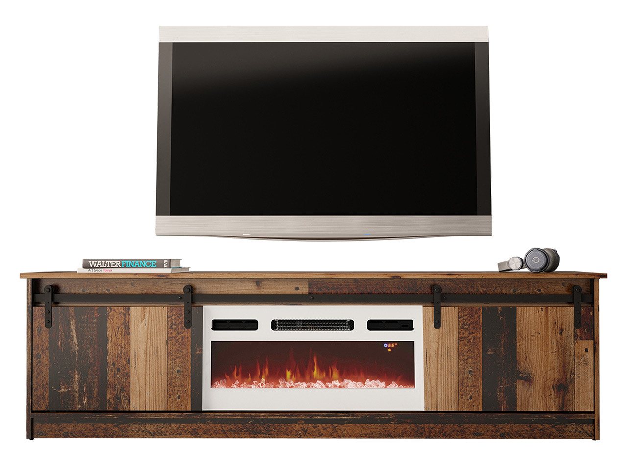 MIRJAN24 TV-Schrank Granero 200 mit Elektrischem Kamin (mit zwei Schiebetüren) 200x35x57 cm, Realistische LED-Flamme von MIRJAN24