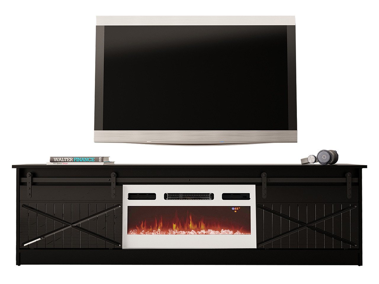 MIRJAN24 TV-Schrank Granero 200 mit Elektrischem Kamin (mit zwei Schiebetüren) 200x35x57 cm, Realistische LED-Flamme von MIRJAN24
