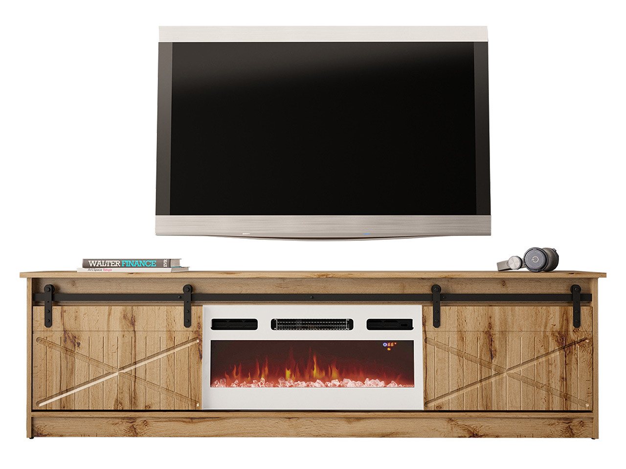 MIRJAN24 TV-Schrank Granero 200 mit Elektrischem Kamin (mit zwei Schiebetüren) 200x35x57 cm, Realistische LED-Flamme von MIRJAN24