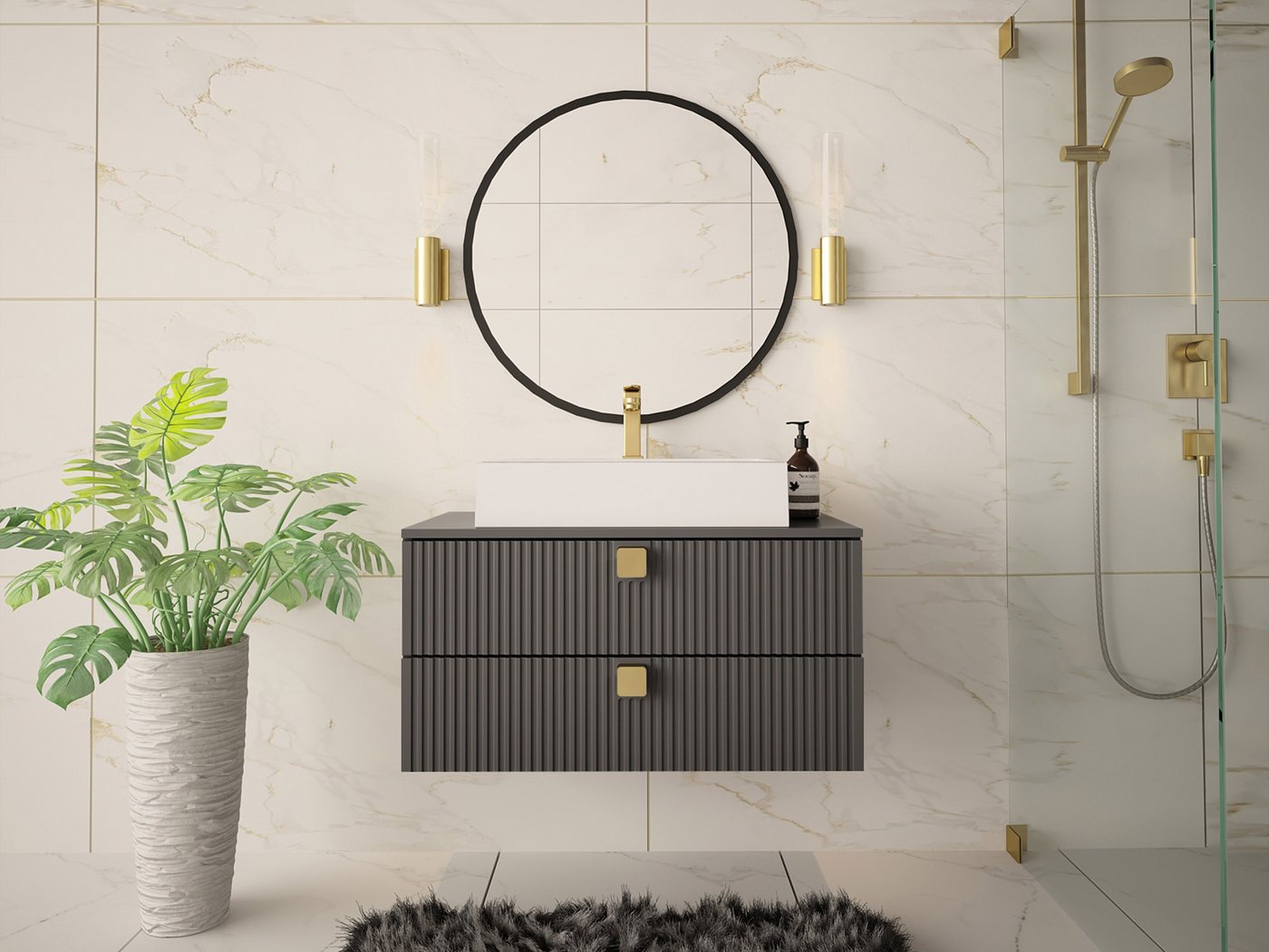 MIRJAN24 Waschbeckenschrank Gariano 01 (mit Siphon, Keramik Waschbecken) Griffe in der Farbe Gold von MIRJAN24