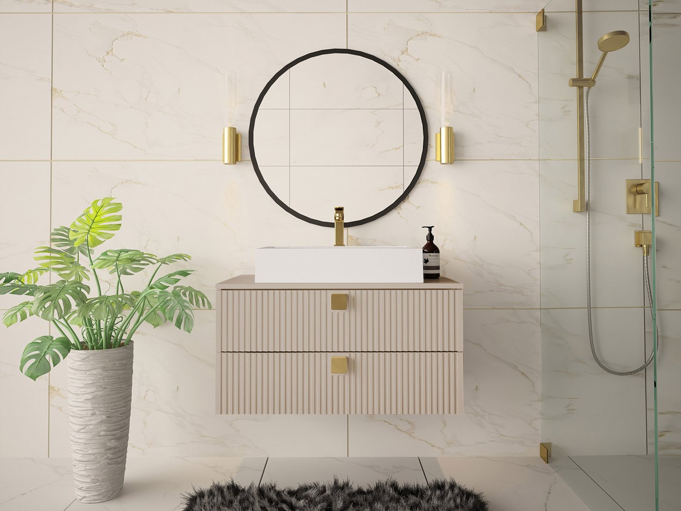 MIRJAN24 Waschbeckenschrank Gariano 01 (mit Siphon, Keramik Waschbecken) Griffe in der Farbe Gold von MIRJAN24