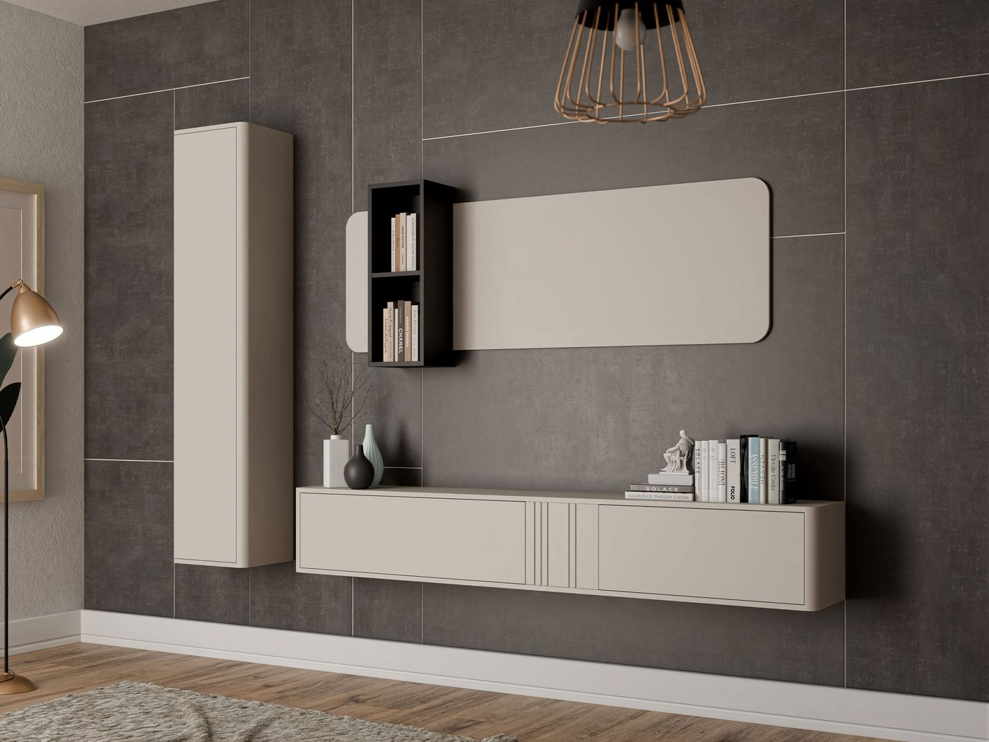 MIRJAN24 Wohnwand Philippe III, (3er-Set, TV-Lowboard, Hängevitrine, Wandpaneel), Griffloses Öffnungssystem push to open von MIRJAN24