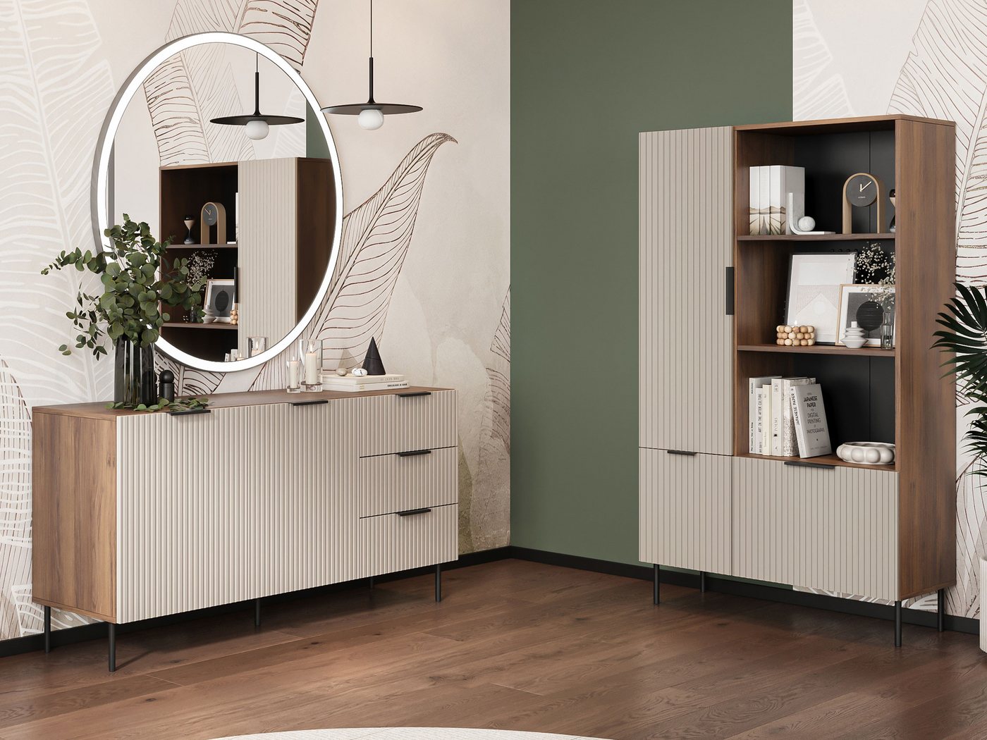 MIRJAN24 Wohnzimmer-Set Almera II, (2er-Set, Kommode, Vitrine), Griff und Füße aus Stahl in der Farbe Schwarz von MIRJAN24