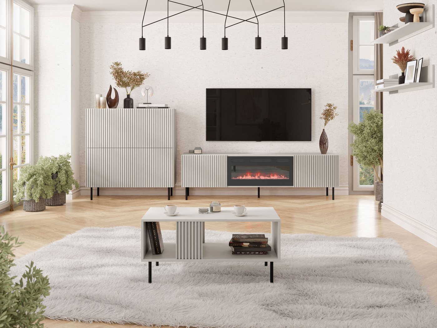 MIRJAN24 Wohnzimmer-Set Aruba V, (5er-Set, 2x Wandregal, Kommode, TV-Lowboard mit Kamin, Couchtisch), Metallfüße in der Farbe Schwarz von MIRJAN24