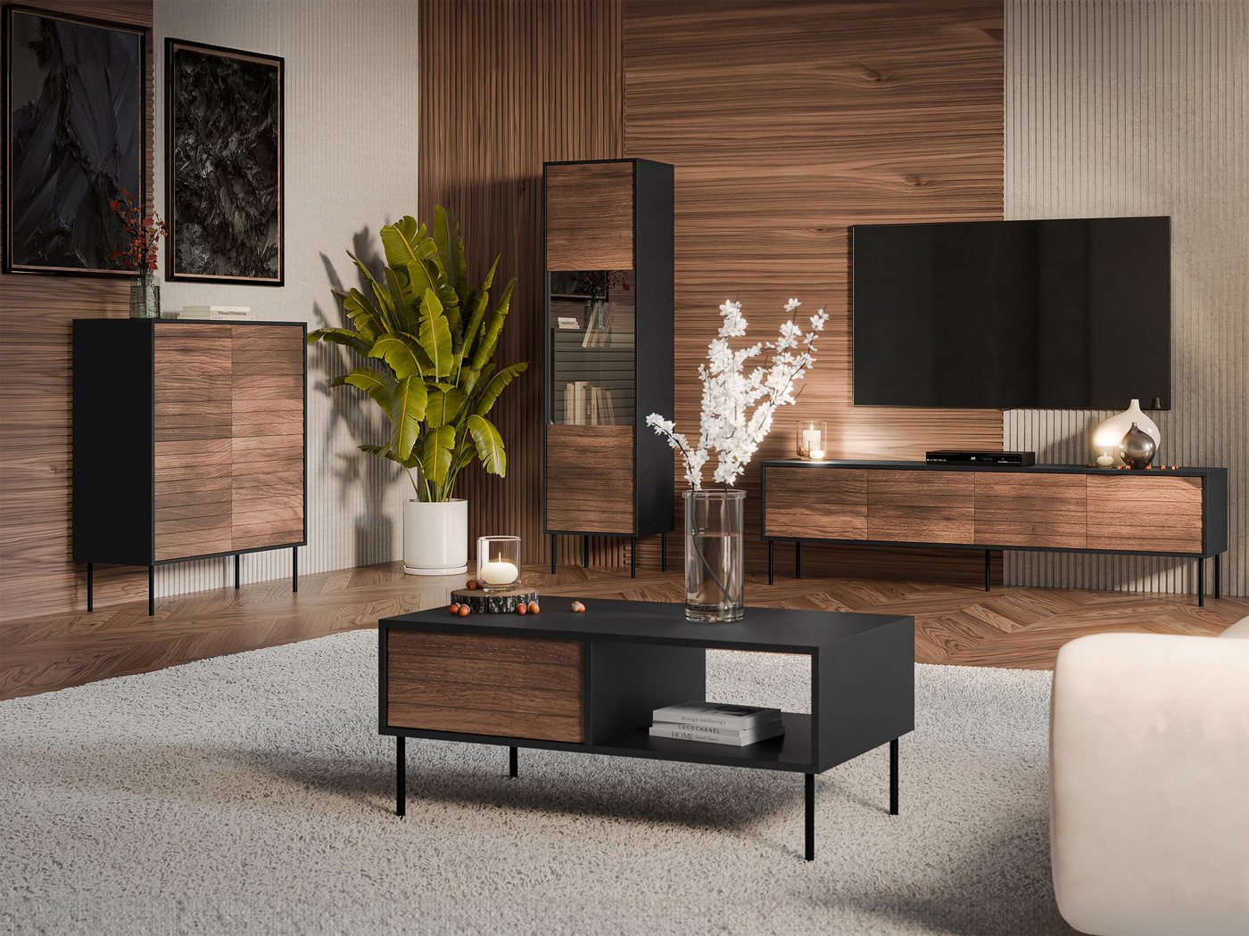 MIRJAN24 Wohnzimmer-Set Cortina I, (4er-Set, Kommode, TV-Lowboard, Couchtisch, Vitrine), Griffloses Öffnungssystem push to open von MIRJAN24