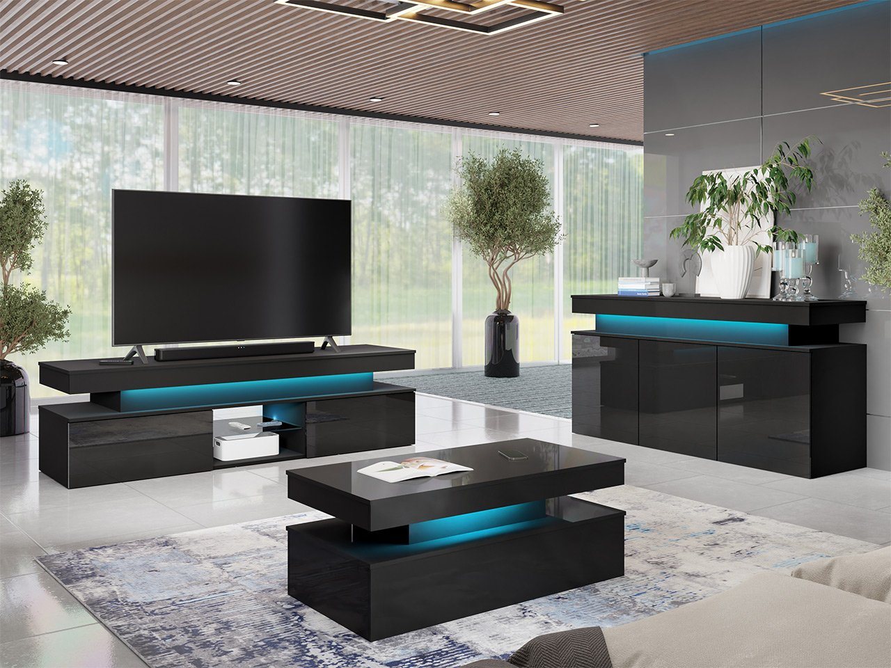 MIRJAN24 Wohnzimmer-Set Glossa I, (3er-Set, Kommode, TV-Lowboard, Couchtisch), mit blauer LED-Beleuchtung von MIRJAN24