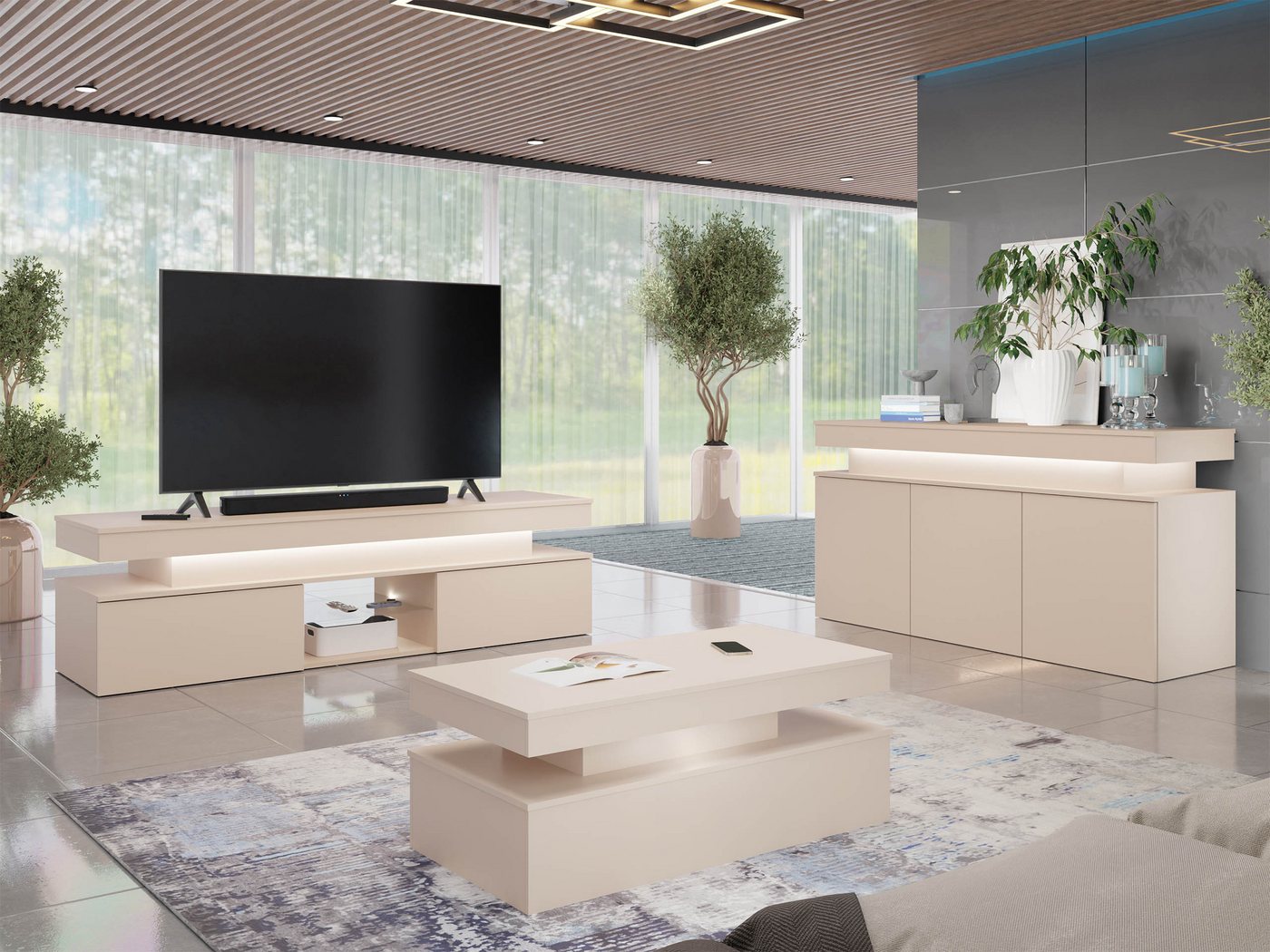 MIRJAN24 Wohnzimmer-Set Glossa Bis I, (3er-Set, Kommode, TV-Lowboard mit Kamin, Couchtisch), Weißer LED-Beleuchtung von MIRJAN24