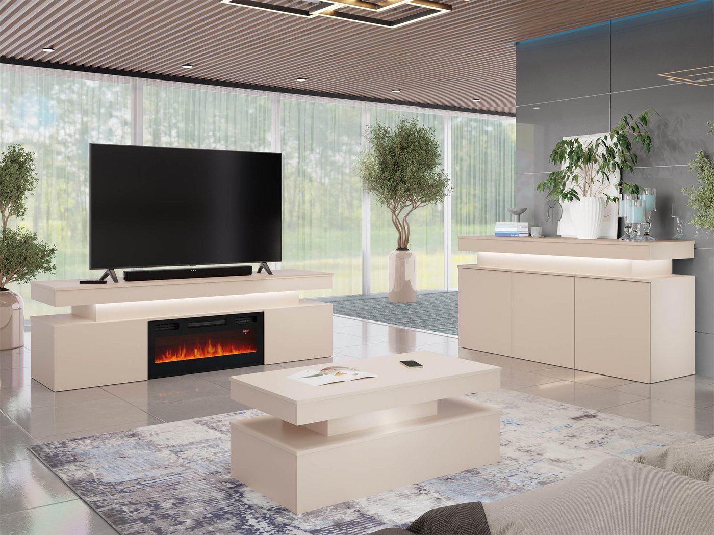 MIRJAN24 Wohnzimmer-Set Glossa Bis II, (3er-Set, Kommode, TV-Lowboard mit Kamin, Couchtisch), Weißer LED-Beleuchtung von MIRJAN24