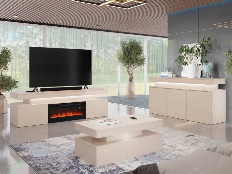 MIRJAN24 Wohnzimmer-Set Glossa Bis II, (3er-Set, Kommode, TV-Lowboard mit Kamin, Couchtisch), Weißer LED-Beleuchtung von MIRJAN24