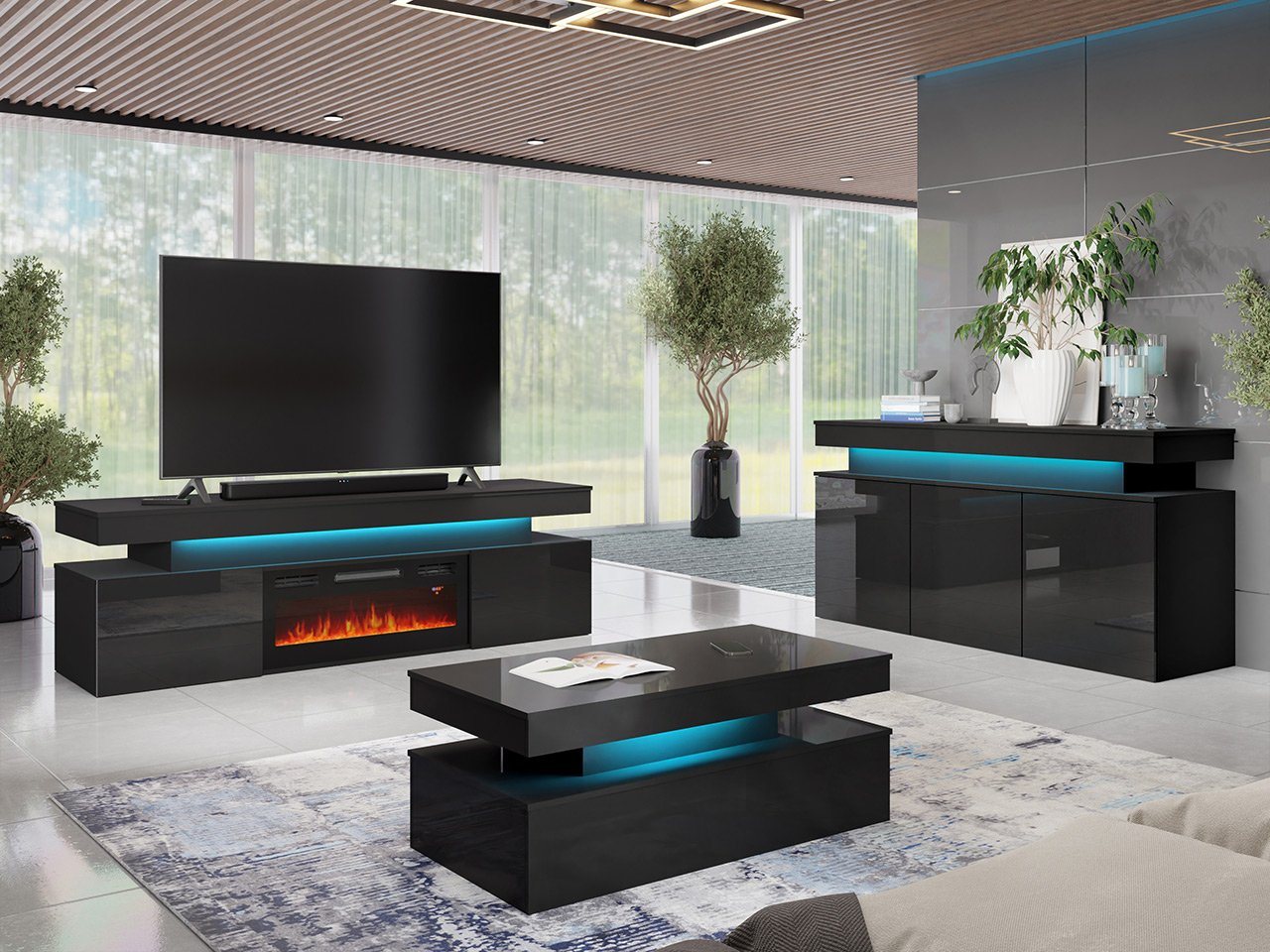 MIRJAN24 Wohnzimmer-Set Glossa II, (3er-Set, Kommode, TV-Lowboard mit Kamin, Couchtisch), mit blauer LED-Beleuchtung von MIRJAN24