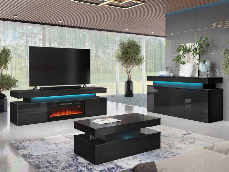 MIRJAN24 Wohnzimmer-Set Glossa II, (3er-Set, Kommode, TV-Lowboard mit Kamin, Couchtisch), mit blauer LED-Beleuchtung von MIRJAN24