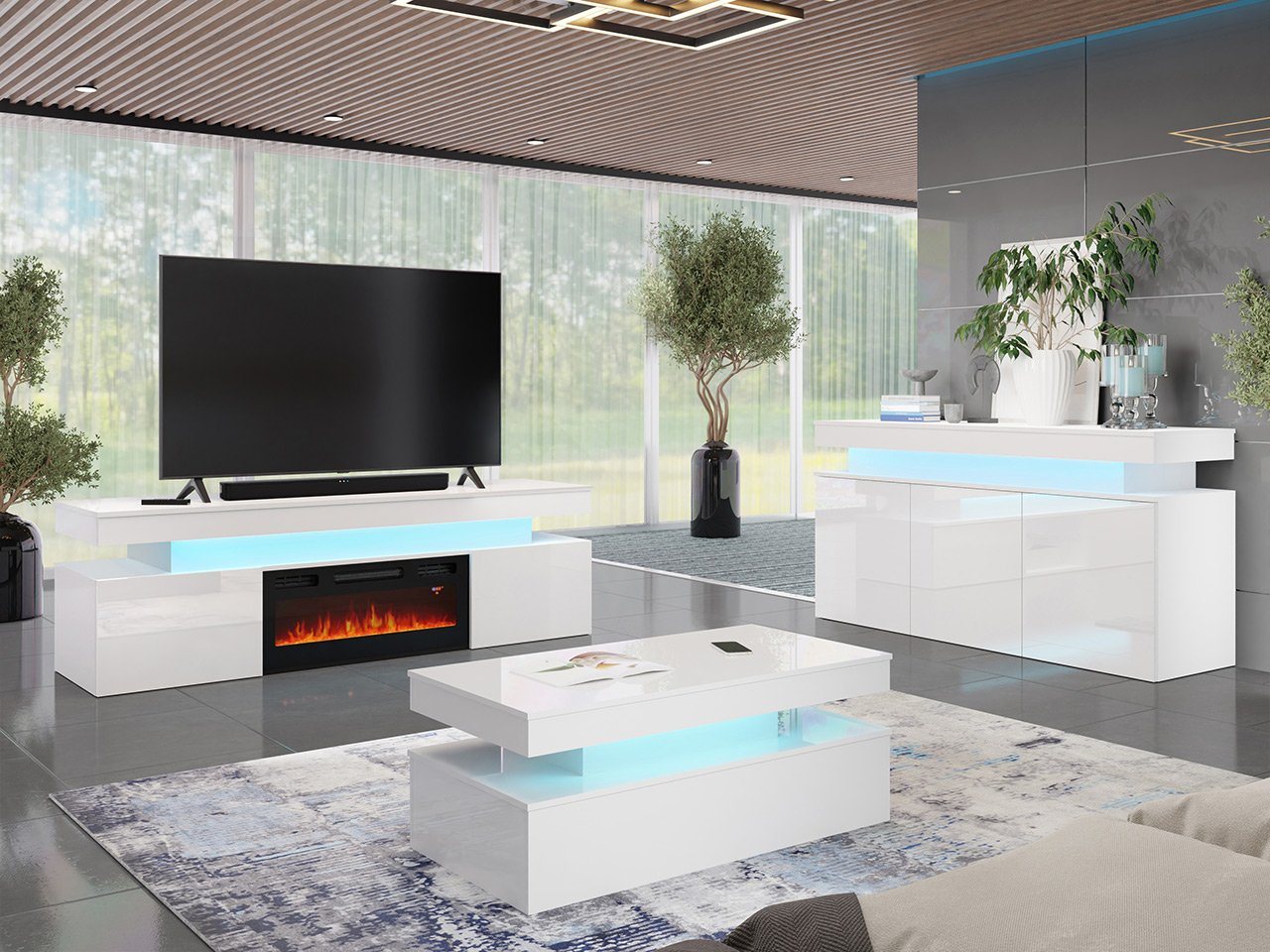 MIRJAN24 Wohnzimmer-Set Glossa II, (3er-Set, Kommode, TV-Lowboard mit Kamin, Couchtisch), mit blauer LED-Beleuchtung von MIRJAN24
