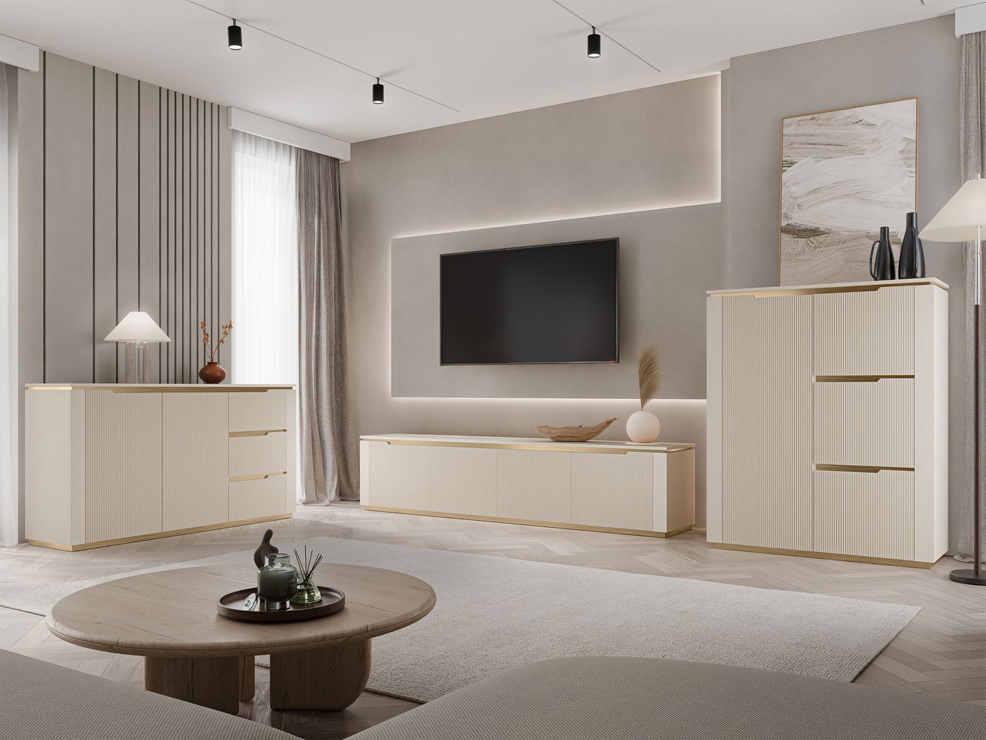 MIRJAN24 Wohnzimmer-Set Hilafin I, (3er-Set, 2x Kommode, TV-Lowboard), Fronten gefräst von MIRJAN24