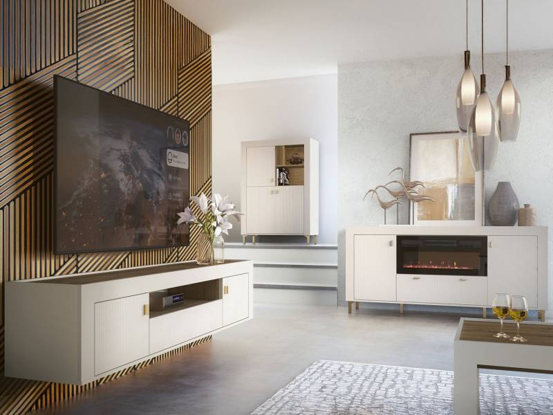 MIRJAN24 Wohnzimmer-Set Mossa IV, (4er-Set, Vitrine, Kommode, TV-Lowboard mit Kamin, Couchtisch), Realistische LED-Flamme von MIRJAN24