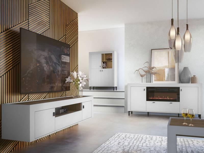 MIRJAN24 Wohnzimmer-Set Mossa IV, (4er-Set, Vitrine, Kommode, TV-Lowboard mit Kamin, Couchtisch), Realistische LED-Flamme von MIRJAN24