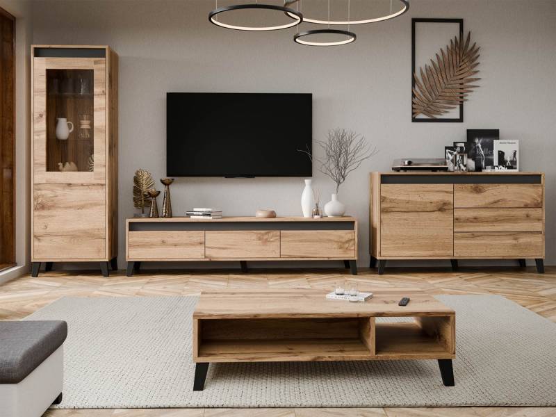 MIRJAN24 Wohnzimmer-Set Nord I, (4er-Set, Kommode, TV-Lowboard, Vitrine, Couchtisch), grifflosem Öffnungssystem "push to open" von MIRJAN24