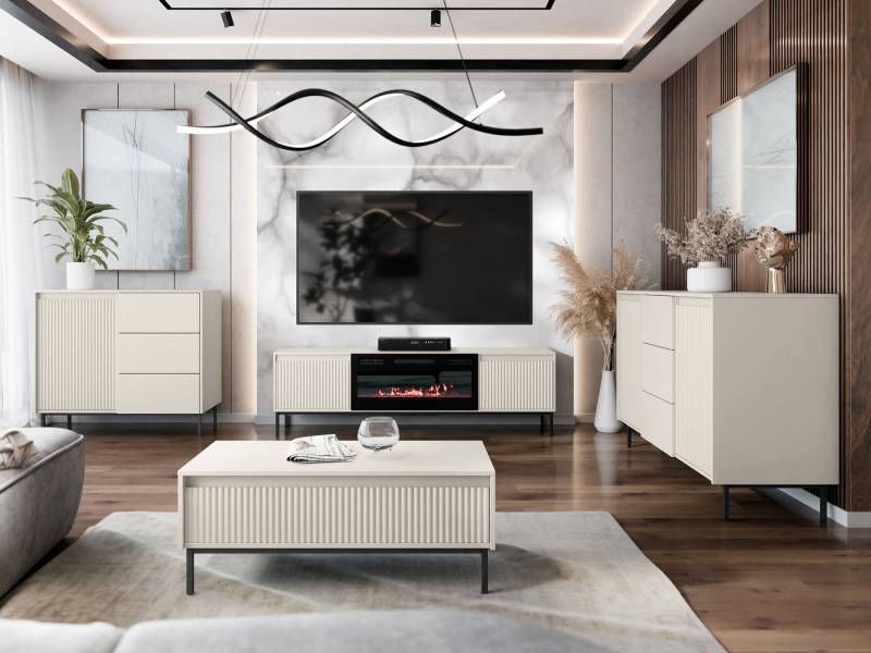 MIRJAN24 Wohnzimmer-Set Ozmi III, (2x Kommode, TV-Lowboard mit Kamin, Couchtisch), Realistische LED-Flamme von MIRJAN24