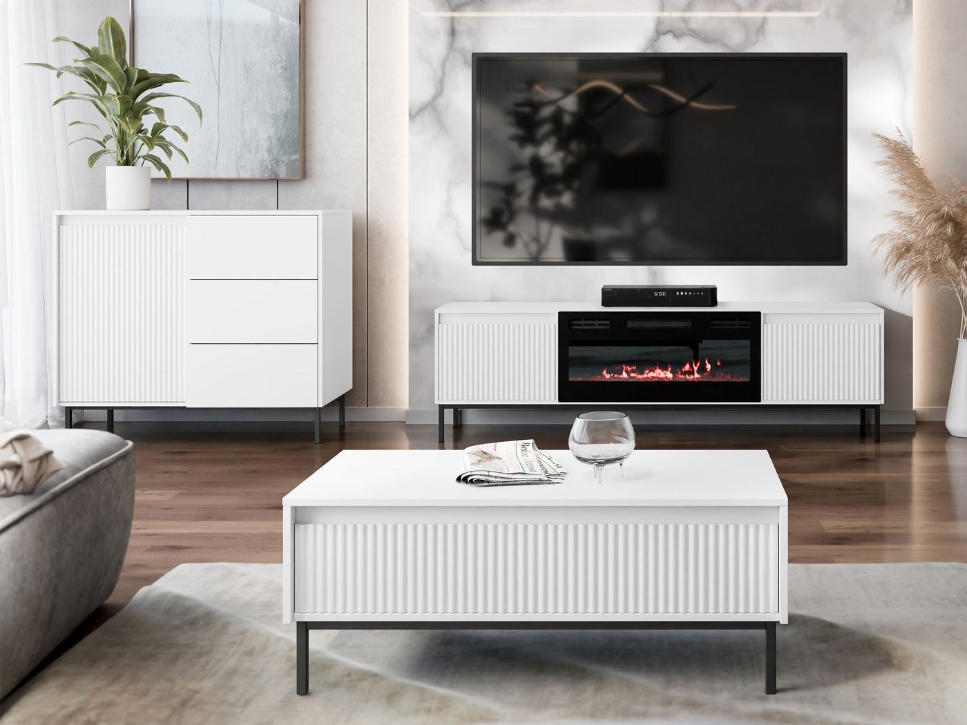 MIRJAN24 Wohnzimmer-Set Ozmi IV, (Kommode, TV-Lowboard mit Kamin, Couchtisch), Realistische LED-Flamme von MIRJAN24