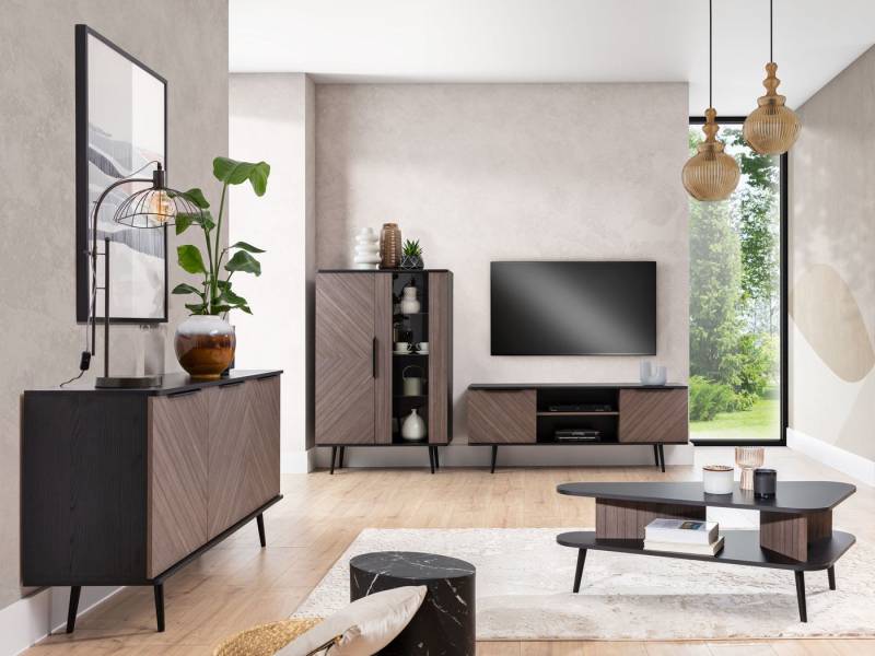 MIRJAN24 Wohnzimmer-Set Pinelli II, (Kommode, Couchtisch, TV-Lowboard, Vitrine), Griffe und Füße aus Metall in der Farbe Schwarz von MIRJAN24