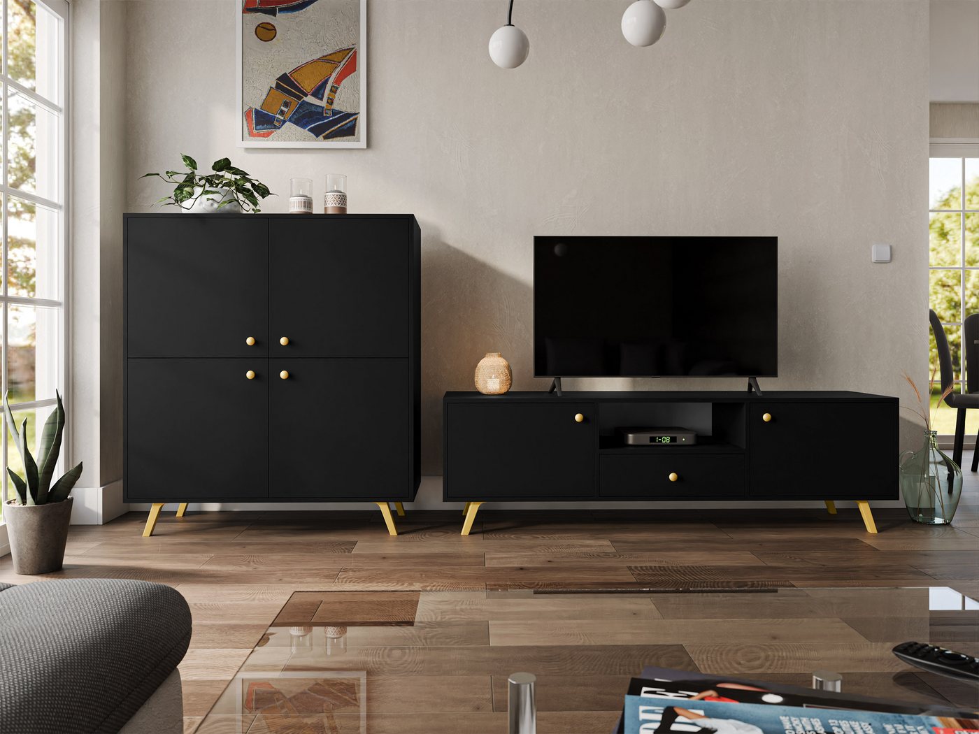 MIRJAN24 Wohnzimmer-Set Siena, (2er-Set, Kommode, TV-Lowboard), Metallgriffe in der Farbe Gold von MIRJAN24