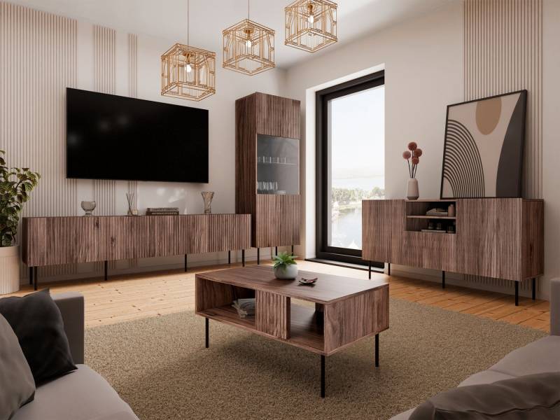 MIRJAN24 Wohnzimmer-Set Tacos I, (4er-Set, Kommode, TV-Lowboard, Couchtisch, Vitrine), Schwarze Stahlfüße von MIRJAN24