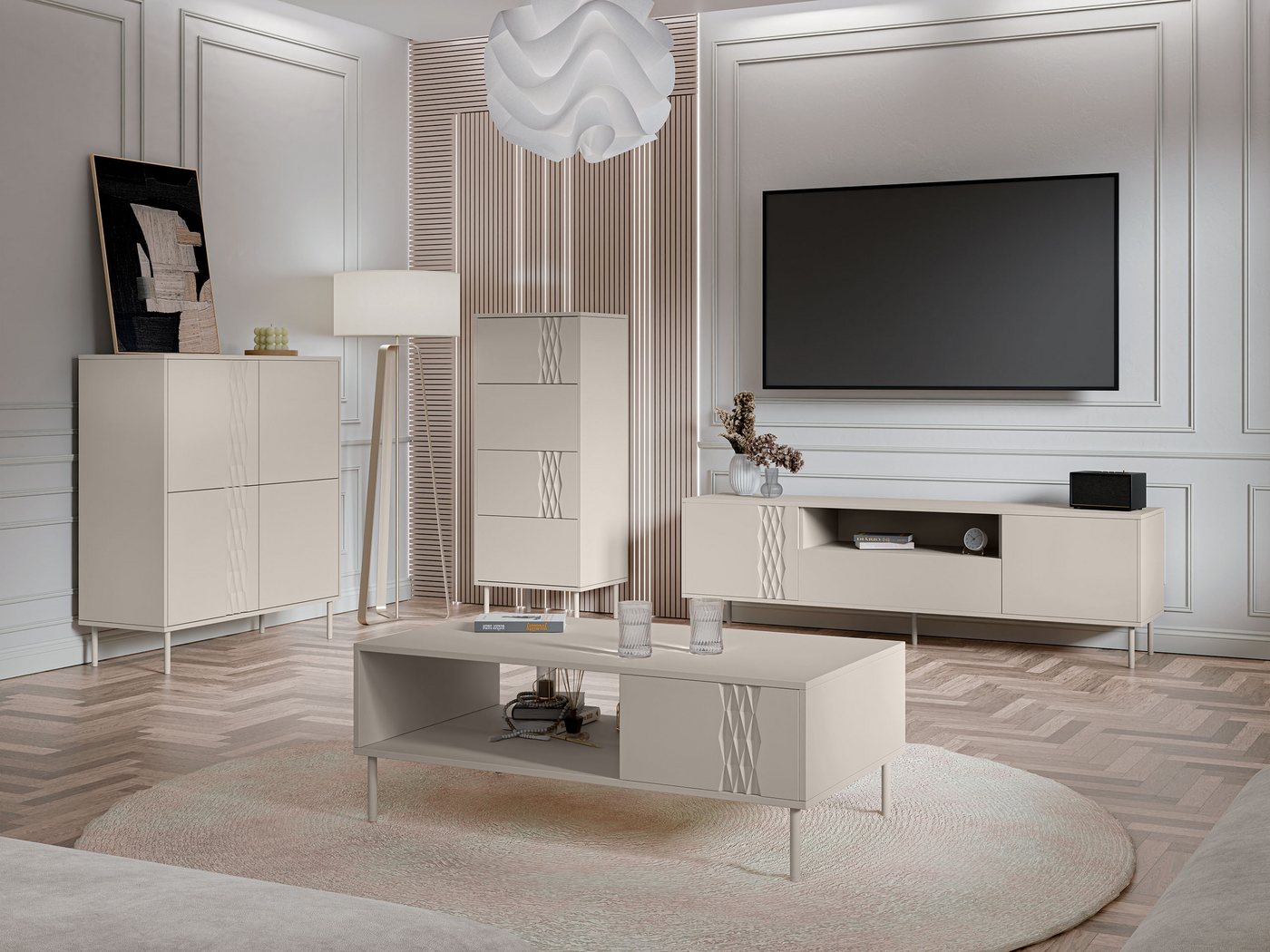 MIRJAN24 Wohnzimmer-Set Tresse I, (4er-Set, 2x Kommode, TV-Lowboard, Couchtisch), Metallfüße, Griffloses Öffnungssystem push to open von MIRJAN24