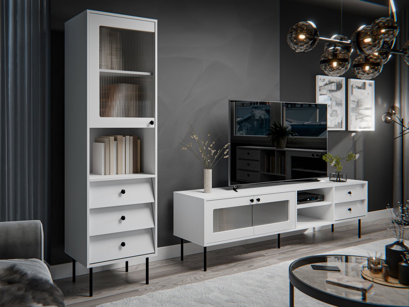MIRJAN24 Wohnzimmer-Set Valerio II, (2er-Set, TV-Lowboard, Vitrine), Fronten teilweise aus ornamentalem, gehärtetem Glas von MIRJAN24