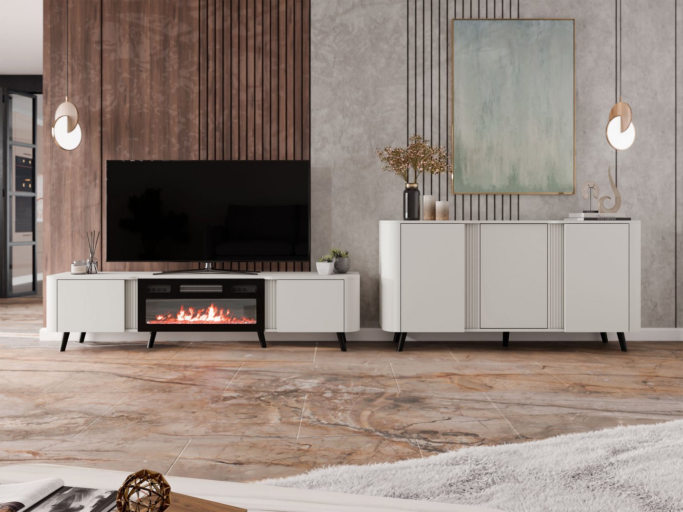 MIRJAN24 Wohnzimmer-Set Volare I, (2er-Set, Kommode, TV-Lowboard), mit Kamin, Realistische LED-Flamme, push to open von MIRJAN24