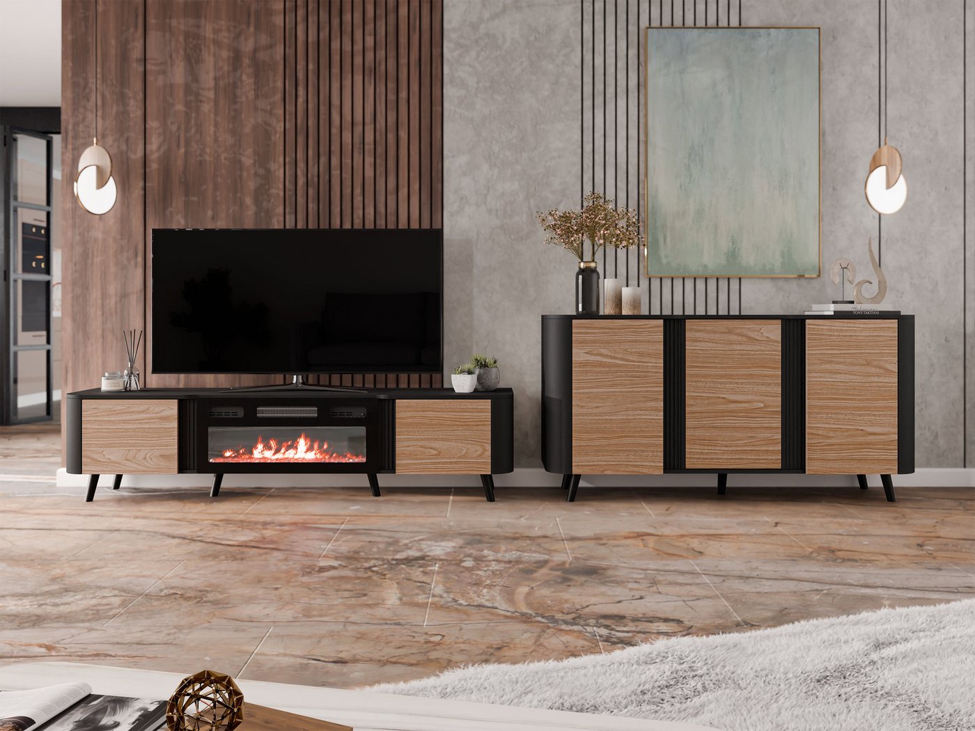 MIRJAN24 Wohnzimmer-Set Volare I, (2er-Set, Kommode, TV-Lowboard), mit Kamin, Realistische LED-Flamme, push to open von MIRJAN24