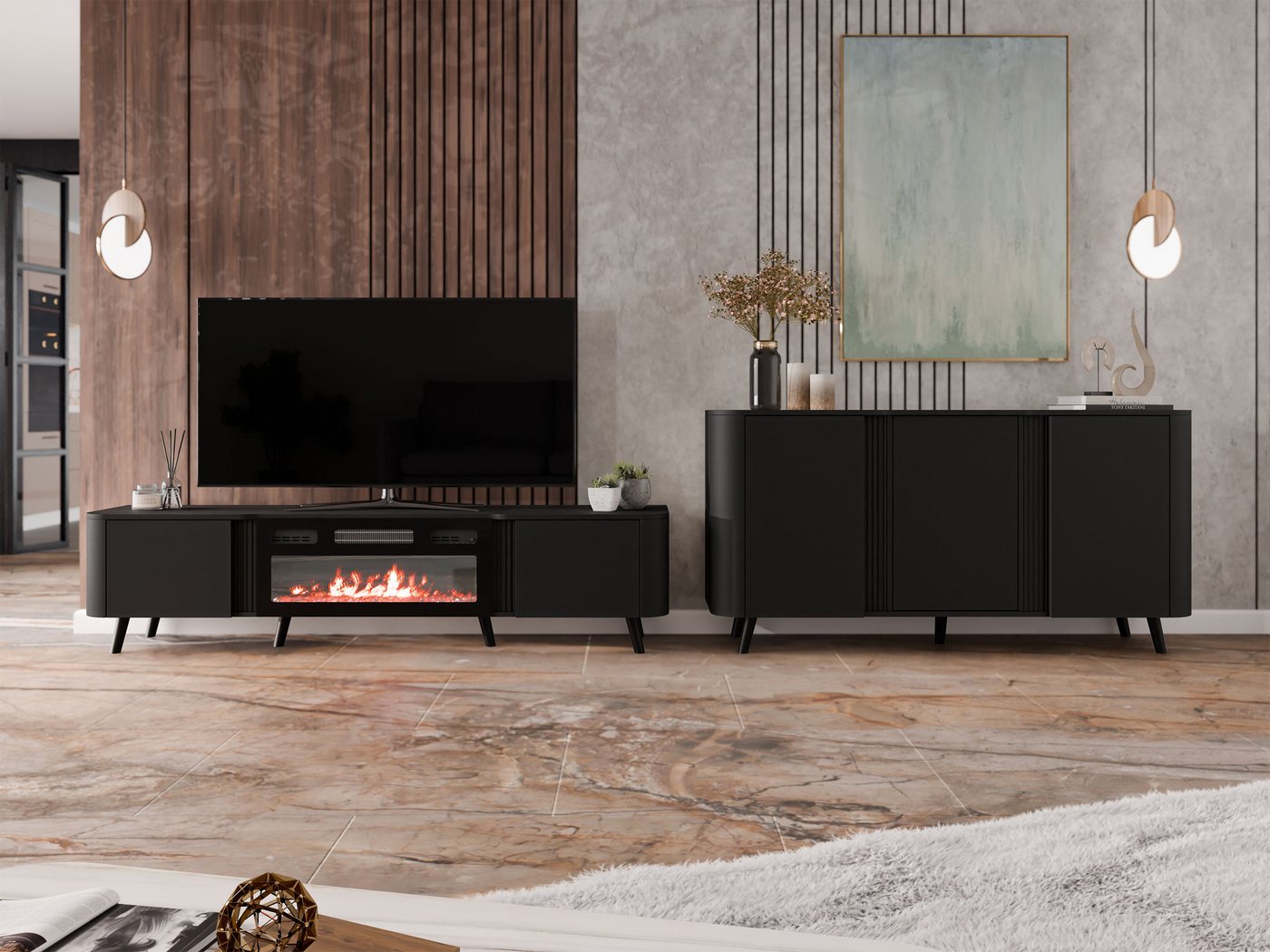 MIRJAN24 Wohnzimmer-Set Volare I, (2er-Set, Kommode, TV-Lowboard), mit Kamin, Realistische LED-Flamme, push to open von MIRJAN24