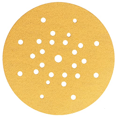 Mirka Gold Schleifpapier Ø 225mm Klett 27-Loch/Korn P80, 25 Scheiben/Für Trockenbauschleifer Wand- und Deckenschleifer/Zum Schleifen von Gips, Spachtel, Spanplatten, Holz, Lack von MIRKA