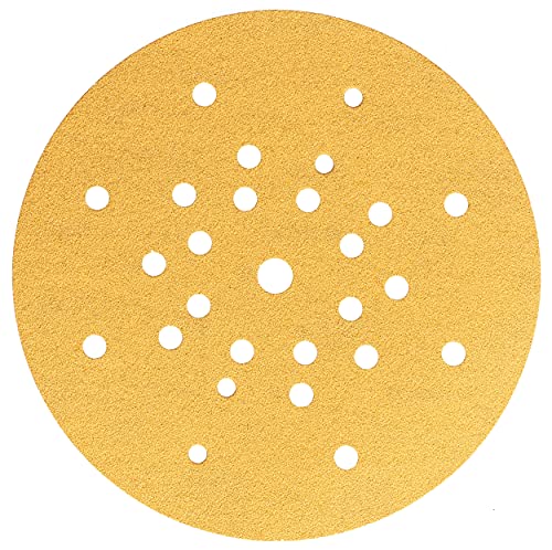 Mirka Gold Schleifpapier Ø 225mm Klett 27-Loch / Korn P80, 25 Scheiben / Für Trockenbauschleifer Wand- und Deckenschleifer / Zum Schleifen von Gips, Spachtel, Spanplatten, Holz, Lack von MIRKA