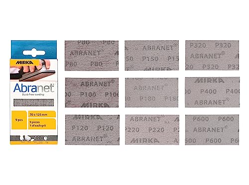 Mirka Abranet Netzschleifstreifen 70mm x 125mm Klett / Mix-Pack 1 von jeder Körnung 80, 100, 120, 150, 180, 220, 320, 400, 600 / 9 Stk / zum Schleifen von Holz, Spachtel, Lack, Kunststoff von MIRKA