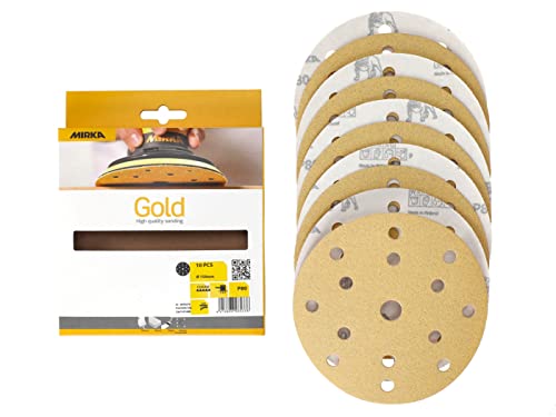 Mirka Gold Universal-Schleifpapier Ø 150mm Schleifscheiben Klett 15-Loch, Korn P80, 10 Stk / Zum Schleifen von Gips, Spachtel, Spanplatten, Holz, Lack von MIRKA