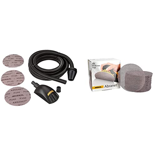 Mirka Roundy Handschleifer Starter-Kit inkl. 15 xNetz-Schleifscheiben (Ø 150mm) und Absaugschlauch,Schleifblock für den Trockenbau & Mirka Abranet Netz-Schleifscheiben Ø 150 mm Klett,Korn P120 /50 Stk von MIRKA