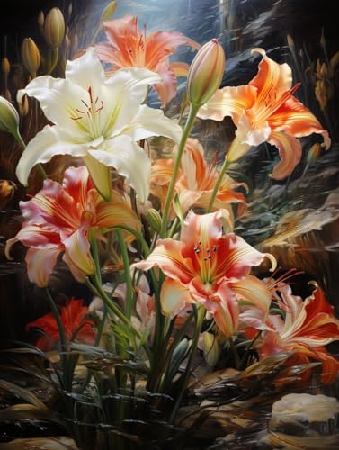 MIRONS Erwachsene Kreuzstich Stickpackung 11CT Sticken Set, Ölgemälde Schöner Lilienstrauß,I Vorgedruckt Kreuzstich Stickpackung Sticken Set für Erwachsene Anfänger, 11CT Cross Stitch Kit von MIRONS