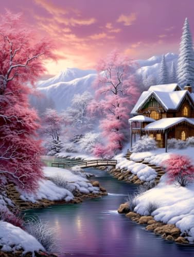 MIRONS Kreuzstich Stickpackungen Vorgedruckt Set, Winterwaldhütten-Schneeszene,I Kreuzstich Stickpackung Zum Sticken Starter Set FüR Erwachsene Kinder AnfäNger, 11CT Cross Stitch Kit von MIRONS