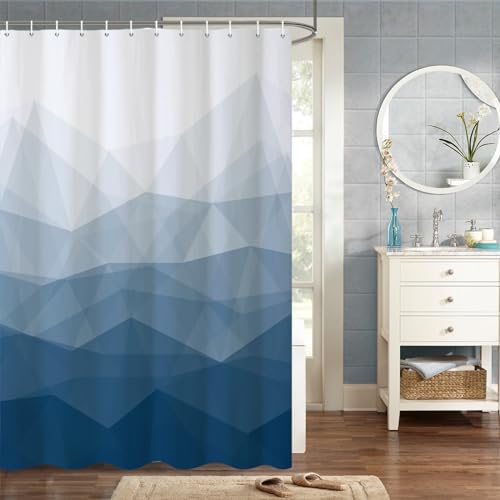 MIRRORANG 105x160cm Blauer Stoff Duschvorhang Marine-Ombre Geometrisch Berg Duschvorhang für Badezimmer Wasserdichtes Polyestergewebe Set mit Haken von MIRRORANG