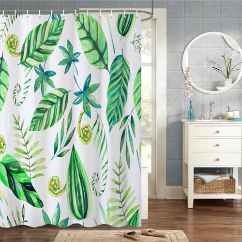 MIRRORANG 105x160cm Grün Laub Duschvorhang Feder Aquarell Botanisch Anlage Zweig Strauß Frische Blumen Natur Duschvorhang für Badezimmer Wasserdichtes Polyestergewebe Set mit Haken von MIRRORANG