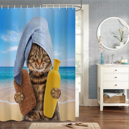 MIRRORANG 150x180cm Lustiges Tier Duschvorhang Lustiges Tier Karikatur Niedlich Kätzchen mit Handtuch Ente Spielzeug am Strand Duschvorhang für Badezimmer Wasserdichtes Polyestergewebe Set mit Haken von MIRRORANG