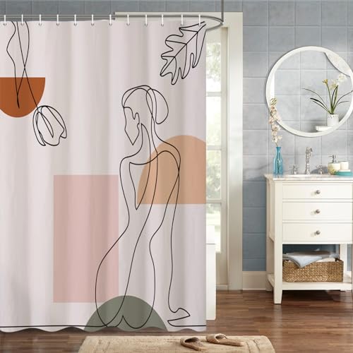 MIRRORANG 165x180cm Ästhetisch Terrakotta Duschvorhang Minimalistisch Abstrakt Linienmädchen Duschvorhang für Badezimmer Wasserdichtes Polyestergewebe Set mit Haken von MIRRORANG