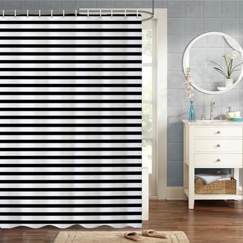 MIRRORANG 180x180cm Moderne Kunst Duschvorhang Schwarz-Weißer Streifen Design Duschvorhang für Badezimmer Wasserdichtes Polyestergewebe Set mit Haken von MIRRORANG