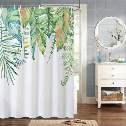 MIRRORANG 90x183cm Botanisch Duschvorhang Grünes Blatt Aquarell Blumenpflanze Muster Duschvorhang für Badezimmer Wasserdichtes Polyestergewebe Set mit Haken von MIRRORANG