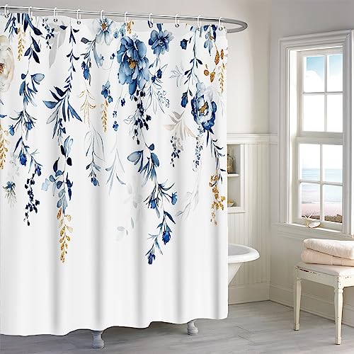MIRRORANG Blauer Blumen-Duschvorhang, Blumen-Duschvorhang Set mit 12 Haken, Badezimmer Vorhänge Durable Fabric Machine Washable,183x183cm von MIRRORANG